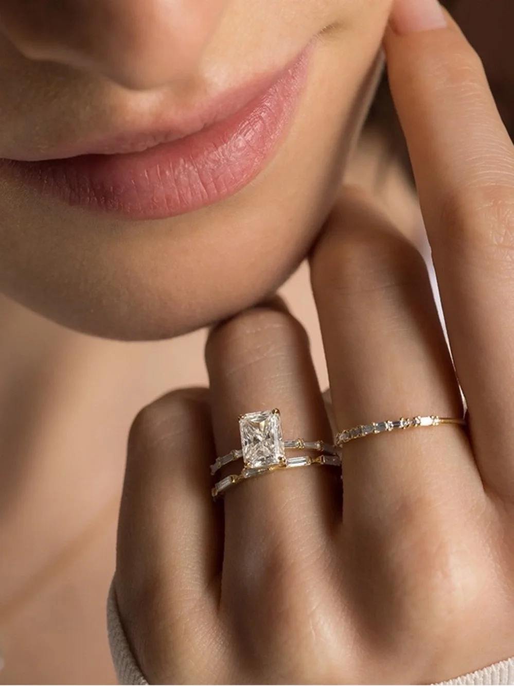 Radiant Cut CZ Engagement Ring 925 Silver 18K Gold Filled Baguette Sides Size 6